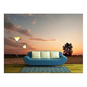 Sunset with Moon and Clouds Sky in a Wheat Field with Lonely Tree - Removable Wall Mural | Self-Adhesive Large Wallpaper - 66x96 inches