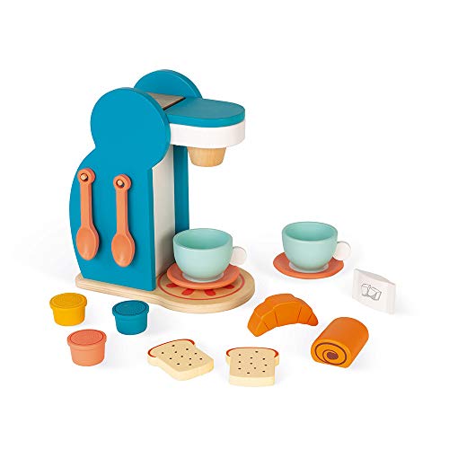Janod - Breakfast Set - Wooden Coffee Machine + 14 Accessories - 3 Capsules, Spoons, Cups and Saucers, Pastries - Kitchen Utensils to Play - From 3 to 8 Years, J06599