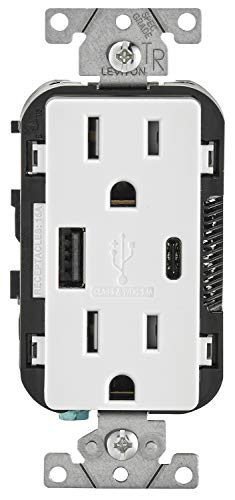 Leviton T5633-W 15-Amp Type A & Type-C USB Charger/Tamper Resistant Outlet, Compatible with Apple Devices, Samsung Devices, Google Devices and More - Not for Laptops, White
