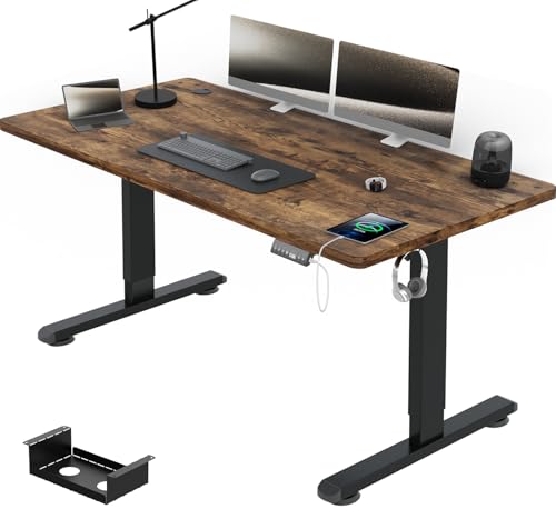 Airfish Höhenverstellbarer Schreibtisch 140x70 cm, Elektrisch Schreibtisch mit Kabelwanne, Computertisch mit USB-Buchse, Bürotisch, Stehpult mit Erinnerung an sitzende Tätigkeiten, Vintage-Braun thumbnail 1