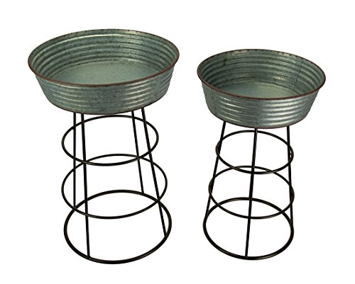 Rustic Galvanized Metal 2 Piece Round Wash Tub Planter Stand Set