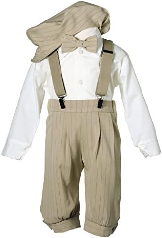 Infant Toddler Knicker Set with Suspenders and Hat - Vintage Tan Stripe 18 M