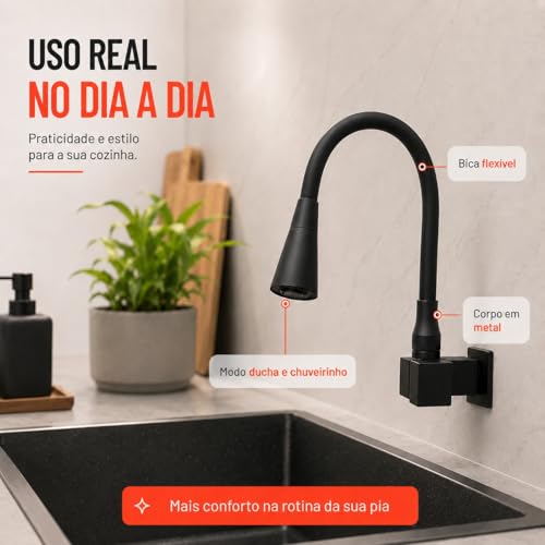 Torneira Gourmet de Parede Preta Fosca Flexível 1/4 Volta em Aço Inoxidável, Bica Móvel, Estilo Moderno para Cozinha, Alta Durabilidade e Acabamento Premium