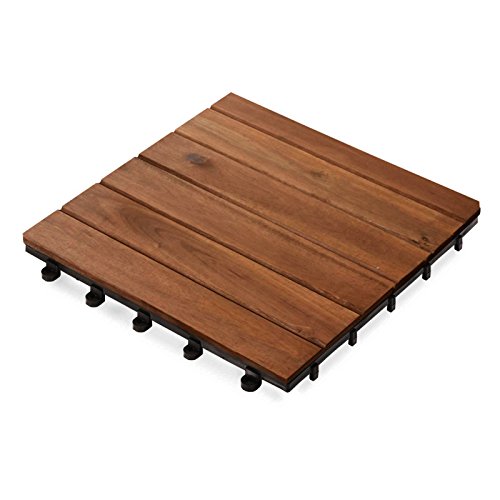 Acacia Wood Tile Flooring, Patio Pavers & Composite Decking | Interlocking Patio Tiles for Outdoor & Indoor | Stripe Pattern 12"×12"- Pack of 11 Tiles