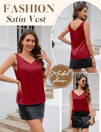 CMTOP Women's Sleeveless Shirt V Neck Satin Camisole Top Elegant Sexy Blouse Shirt Casual Cami Tank Tops