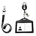 ID Card Case + Lanyard + Badge Holder Retractable Reel Carabiner and Plastic Clip (Genuine Leather Horizontal Black)