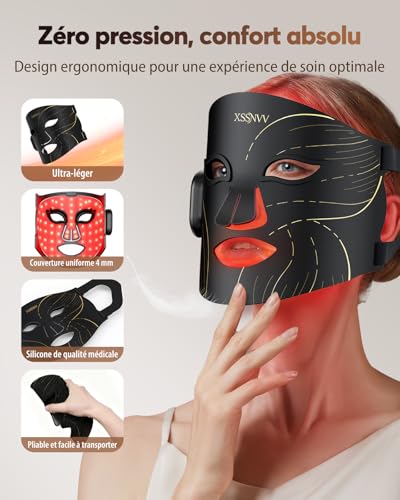 XSSNVV Masque LED Visage Sans Fil, 4 Modes Masque Luminothérapie Lumière Rouge & Infrarouge 850 nm, LED Mask, Télécommande, Autonomie 60 min, Réglable, avec Couvre-yeux, NVV03