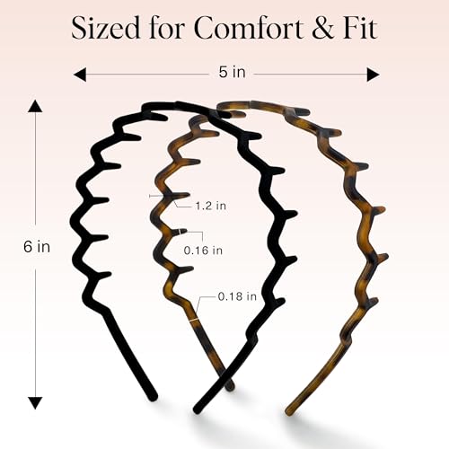 Kitsch Zig Zag Headbands for Women – Fashion Accessories for Slicked Back Styles - Comfortable Wavy Headbands | Comb Headband with Teeth | Ideal Gifts for Women - Black and Tortoise - 2 pcs
