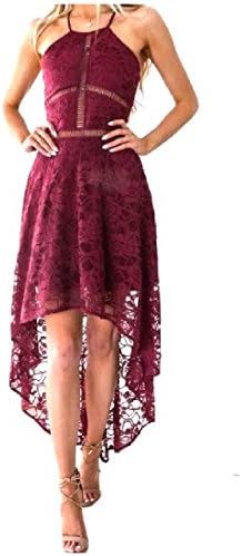 QueenHands Women Racerback Sling Irregular Hollow Sexy Lace Vest Dresses Wine Red Medium