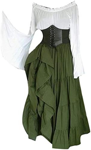discountstore145 Beautiful Dress,Medieval Vintage Gothic Elegant Off Shoulder Sleeve Corset Medieval Layered Maxi Dress for Party Evening Green M
