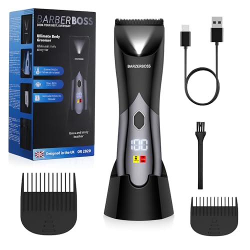 BarberBoss Men’s Body Groomer, Beard Trimmer, Wet/Dry Electric Shaver for Chest, Groin & Intimate Areas, Waterproof Design with Dual-Speed, Travel Lock & Charging Stand