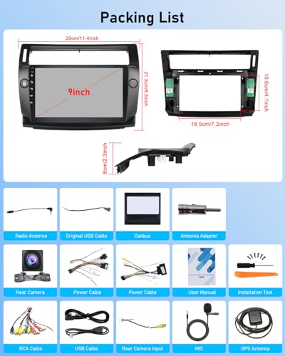 NHOPEEW 2G+64G Android Car Radio for Citroen C4 2004-2009/C-QUATRE 2008-2011 - Wireless Carplay and Android Auto - 9 Inch Carplay Car Radio with WiFi, Equalizer, GPS, FM, RDS + AHD Rear View Camera