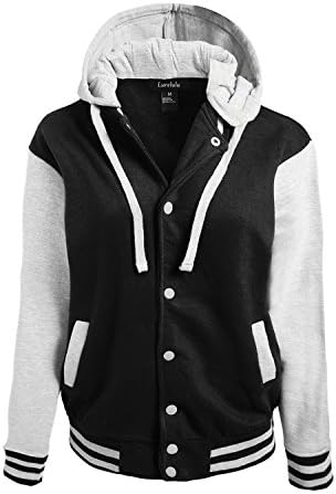 Lurelulu Women's Letterman Varsity Baseball Jacket with Removable Hood BLACK/GRAY SMALL