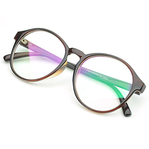 PenSee Oversized Circle Eyeglasses Frame Inspired Horned Rim Clear Lens Glasses (Brown)