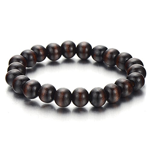 Mens Womens Wood Bracelet, 10mm Tibetan Beads Buddhist Prayer Mala, Dark Brown