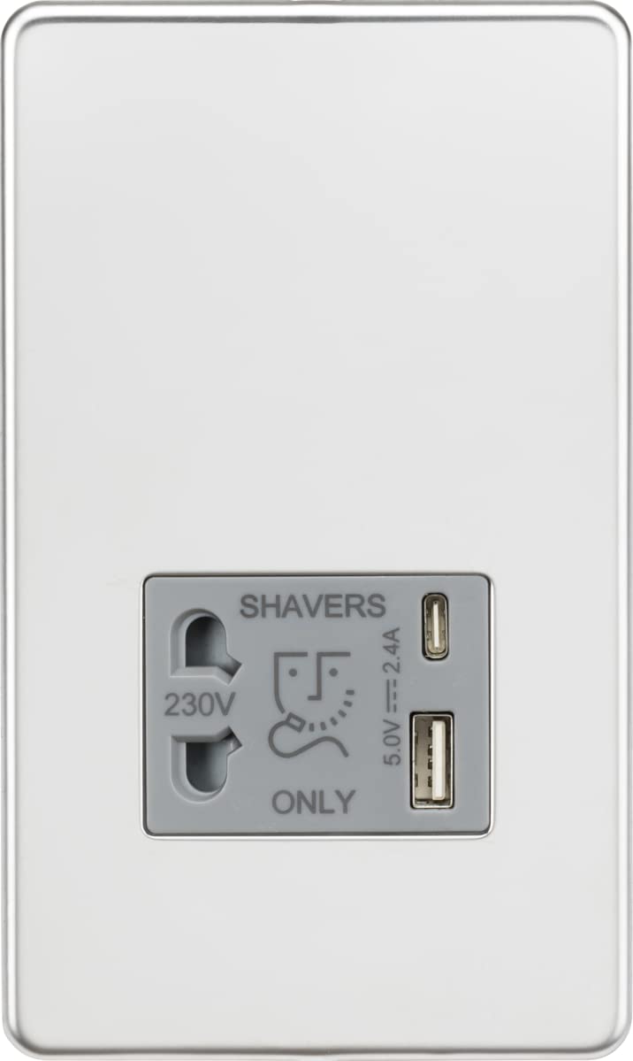 Knightsbridge Screwless Shaver socket with dual USB A+C (5V DC 2.4A shared) - polished chrome with grey insert
