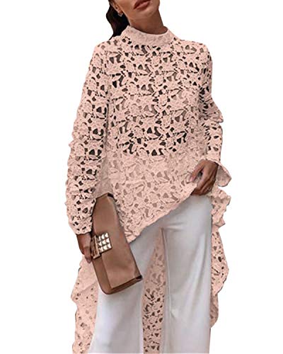 AUDATE Women's Long Sleeve Mock Neck Irregular High Low Hollow Out Lace Shirt Dress Yellow S