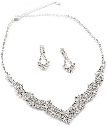 Silver Crystal Square Shaped Dangle Earrings & Square Shaped Necklace Jewelry Set
