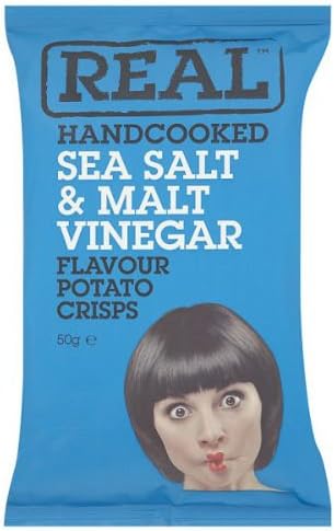 Real Handcooked Sea Salt & Malt Vinegar Flavour Potato Crisps 50g x Case of 18