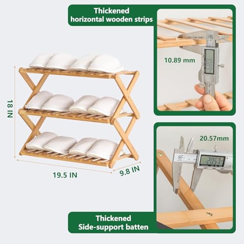 Glsety 3 Tier Bamboo Shoe Rack,Portable Folding Shoe Storage Rack,Without Installation Small Shoe Rack Perfect for Corridors, Bedrooms and Small Spaces (3 Tier)