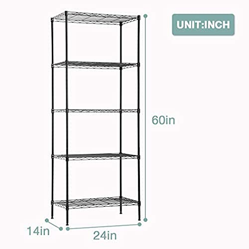 PAYLESSHERE | 5-TIER WIRE SHELF | 24″X14″X60″ | BLACK | ADJUSTABLE RACKS | HEAVY-DUTY STORAGE SHELVES, HOLDS UPTO 750 LBS | RUST-RESISTANT, NO-TOOL ASSEMBLY | FOR HOME, GARAGE SHELVING