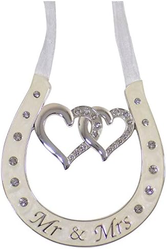 SILVER PLATED CREAM DIAMANTE MR &amp; MRS HORSESHOE HEARTS WEDDING DECORATION