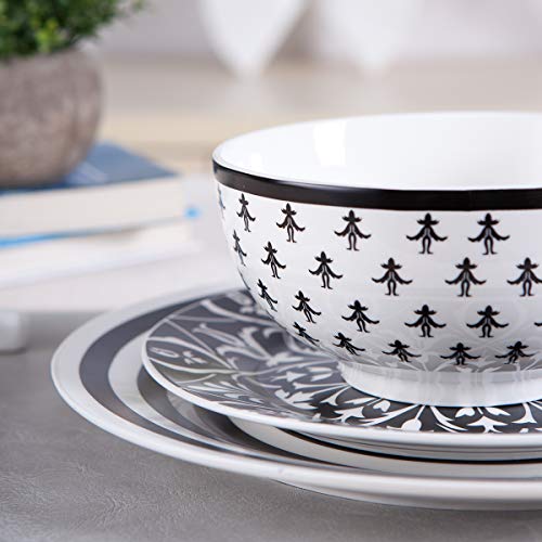 12 Piece Dinnerware Set,Floral Round Dinnerware Set Services for 4,Black - Thumbnail 3