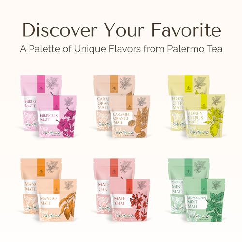PALERMO ORGANIC YERBA MATE TEA BAGS 20 COUNT – CARAMEL ORANGE MATE WITH CHICORY & ROOIBOS – DECADENT ANTIOXIDANT-RICH DESSERT TEA, JUICY ORANGE & SWEET CARAMEL NOTES, UNSMOKED, VEGAN, GLUTEN-FREE