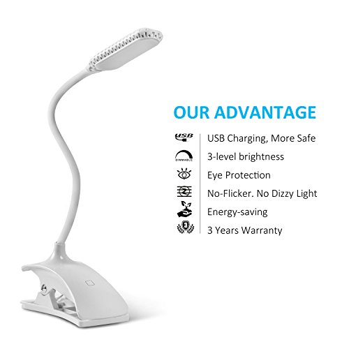 Joytech Led Reading Light, LED Clip Book Light [360° Adjustable,3 Brightness,Touch Switch] 12 LED Rechargeable USB Bedside Desk Book Lamp Music Stand Light with Eye Protection for Bookworms & Kids - Thumbnail 4