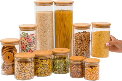 Conjunto de 11 Potes de Vidro Herméticos com Tampa de Bambu – Organizadores de Mantimentos para Cozinha – Recipientes para Grãos, Cereais, Café e Temperos – Potes de Vidro com Vedação de Silicone