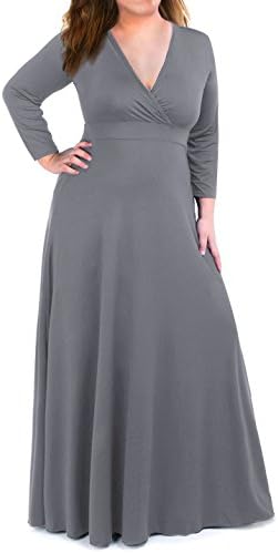 Moonlisa Plus Size Maxi Dress For Women With 3/4 Sleeves Deep V Neck Solid Color Wedding Evening Party Dress (X-Large, Silver Grey)