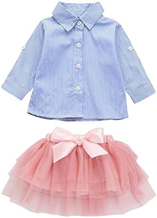 Cenhope Infant Baby Girls Skirt Set Striped Folding Sleeve Shirt Top + Bow Tutu Skirt Outfit (Blue &amp; Pink, 12-18 Months)