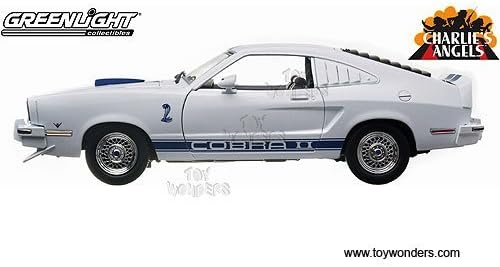 Greenlight Charlie's Angels - Jill Munroe's Ford Mustang II Cobra II Hard Top (1976, 1/18 scale diecast model car, White w/ Blue Stripes) 12880 diecast motorcycles and cars