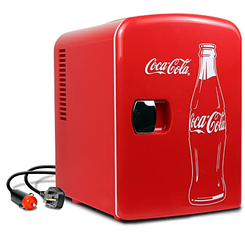 Coca Cola Classic Mini Fridge - Refrigerator for Bedroom Skincare Office, Portable Table Top Beverage Cooler, 12V DC/220V AC Refrigerador For Drinks, Soda, Wine, Use In Car, Dorm, Patio, 6 Can