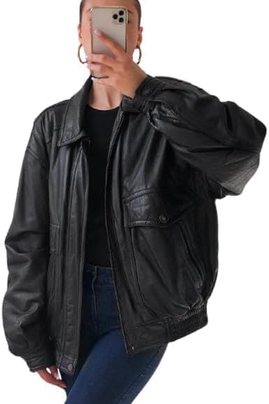 Women's Fashion 90's Oversized Vintage Black Leather Jacket