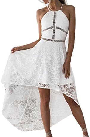 QueenHands Women's Lace Hem Line Pleated Splicing Sling Backless Basic Rockabilly Swing Dress White M