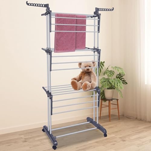 Toworld Clothes Drying Rack Folding 4 Tier Clothes Horses Rack Stainless Steel Laundry Drying Rack with 2 Adjustable Side Wings, Space Saving Free-Standing Dryer Stand for Clothing