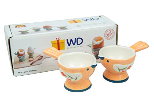 WD- 2 Pcs Cute couple Bird Figurine - Ceramic serve egg cups for soft or hard boiled eggs (Egg holder) - for Breakfast Brunch,kitchenware, home decoration or even a gift-Orange color