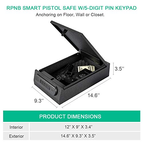 RPNB Gun Safe, Smart Pistol Safe w/5-Digit PIN Keypad Handgun Security Safe with LED & RFID Quick Access, Measures 14.5" x 9.1" x 3.5", Anchoring on Floor, Wall or Closet