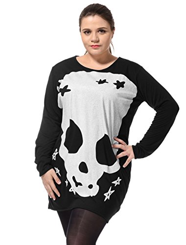 Agnes Orinda Ladies Plus Size Long Sleeves Skull Pattern Autumn Tee Shirt Black 2X