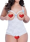 Rainlover Women Open Cup Crotchless Bodysuit Teddy Lingerie Plus Size (White,XXXL)