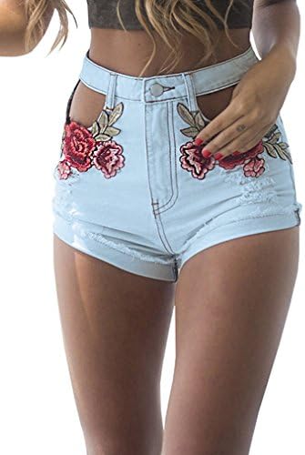 Qiyuxow Women's Hollow Out Hip-Lifting Floral Embroidered Ripped Denim Shorts (S, White Blue)