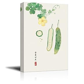 Canvas Wall Art - Water-Painted Vegetable with Yellow Flower and Chinese Writing - Giclee Print Gallery Wrap Modern Home Art Ready to Hang - 12x18 inches