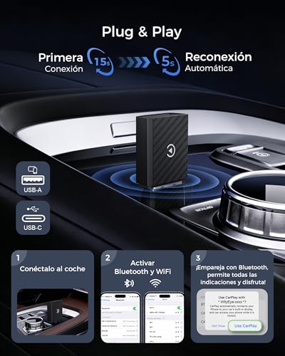 【2026 Upgraded】 Wireless CarPlay Adapter, Bluetooth V5.4 Stable Connection, WiFi 6 Dual Band High Speed, USB A/C, for Apple iPhone iOS 10+, Black