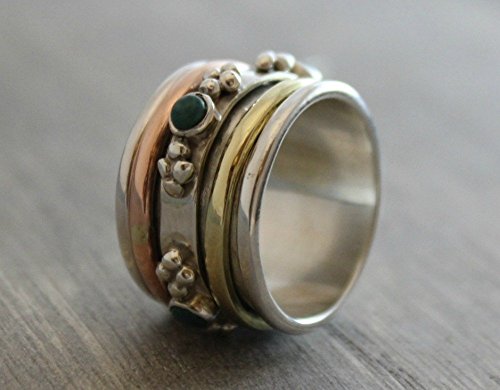 Sterling Silver (925) mixed metal Turquoise Brass Copper Bohemian Spinning Fidget Ring size 10