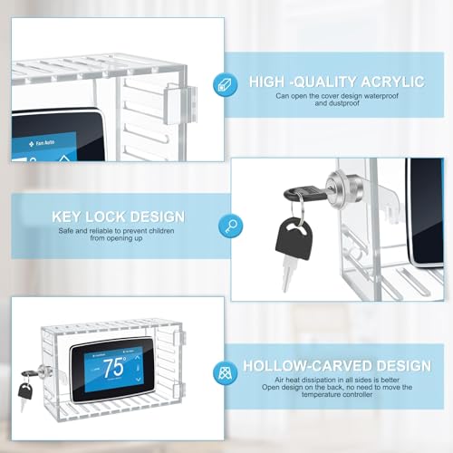 TERRIFI Universal Thermostat Lock Box with Key, Ac Lock Box Cover - Clear Protective Cover for Wall-Mounted Thermostats (Up to 6.3" x 4.5" x 2.3") - Secure AC Thermostat Guard