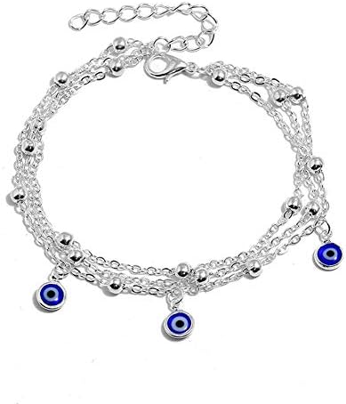 lEIsr00y Fashion Evil Eye Beads Pendant Anklet Multi-Layer Bracelet Women Beach Jewelry - Silver