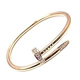 Gold Stainless Steel Nail Love Bangle - Bracelet with Crystal Zircon Stones Inlaid - Free Gift Box included - 3L Jewelry