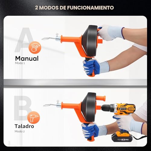 VAYOTOY Professional Pipe Unblocker, 10 m Flexible Spiral Unclogging Pipes for Kitchen Sinks, Bathrooms and Showers. Including Gloves, Bag, Brush