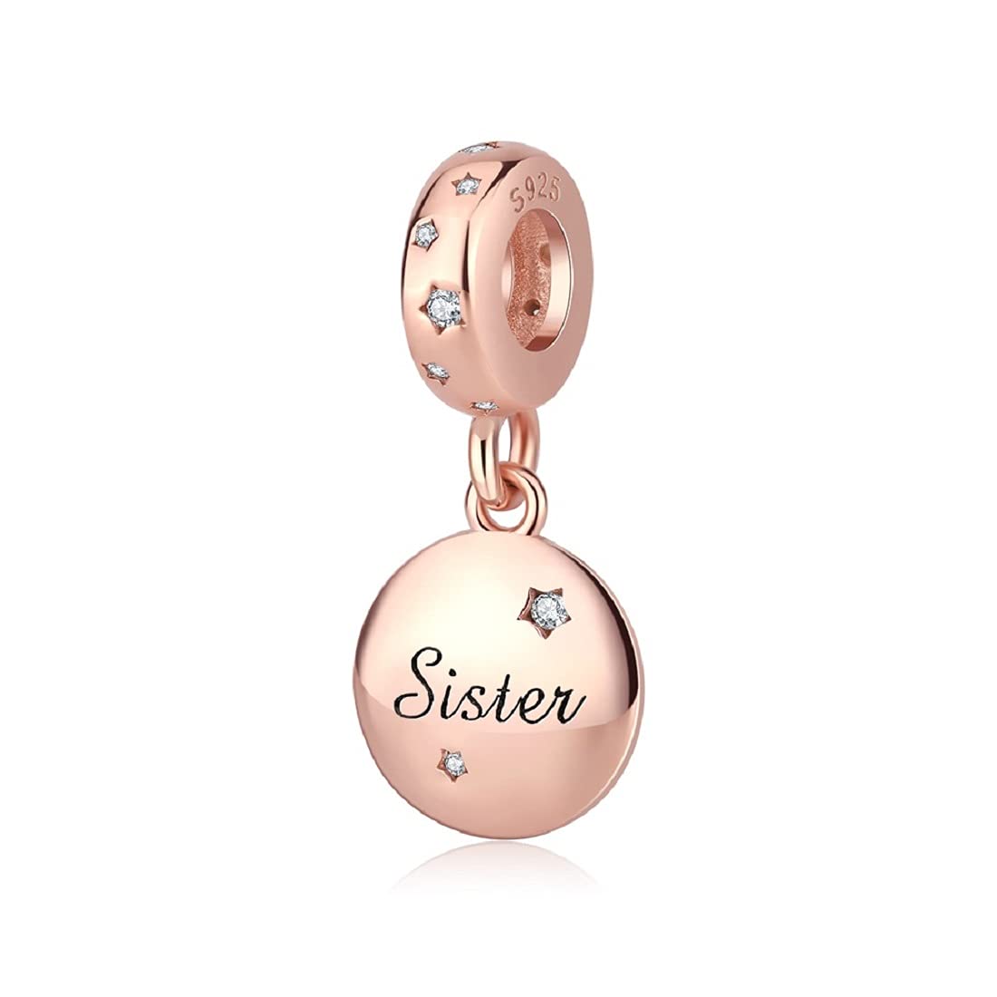 FeatherWish Family And Friends Round Disc Dangle Charms Engraved With 925 Sterling Silver And Cubic Zirconia Cubic Zirconia - Compatible With Pandora Bracelet (Sister Rose Gold)